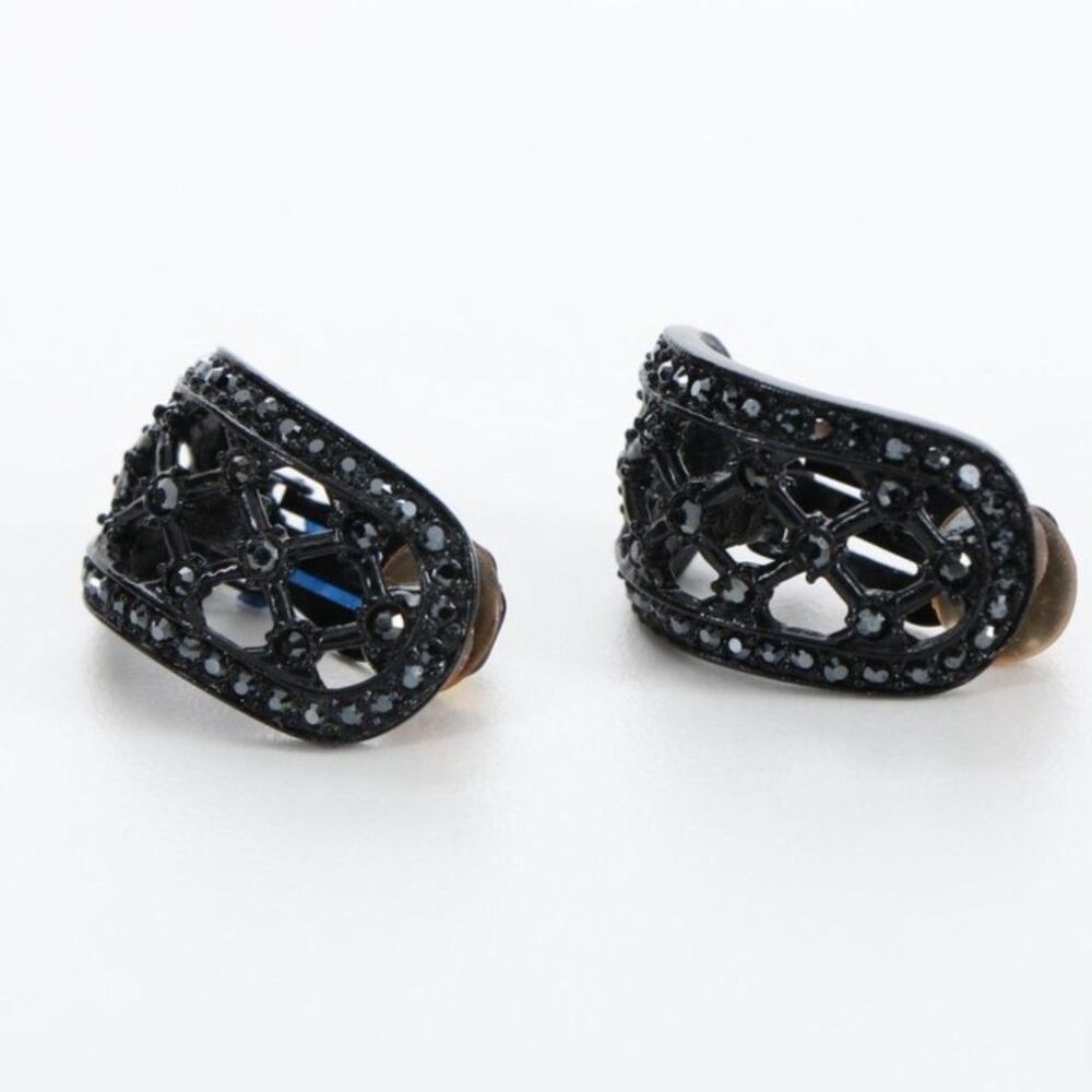 Vintage St. John Knits Black Pave Crystal Lattice Hoop Clip On Earrings